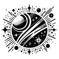 Bold black and white cosmic illustration depicting a planet, swirling bands, stars, and radiating lines against a stark white backdrop. vector