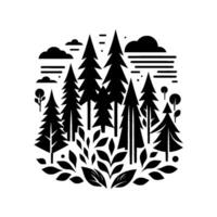 Stylized black and white circular illustration of a forest scene with pine trees, clouds, and foliage, creating a simple, natural landscape . vector