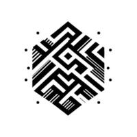 A monochromatic geometric composition featuring a hexagonal arrangement of a complex black and white mazelike with surrounding dots on a white background. vector