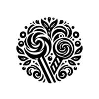 Elegant black and white circular featuring stylized lollipops, swirling patterns, and floral elements, creating a harmonious decorative motif. vector