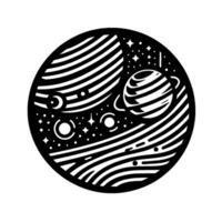 Black and White Celestial Circle Cosmic Illustration of Planets, Stars, and Striated Spheres in a Art Style. vector