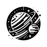 Monochrome Celestial A Saturnlike planet with rings, a smaller orbiting moon, set against a starlit circular cosmos in minimalistic . vector