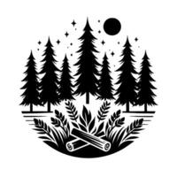 Black and white silhouette of a serene forest scene pine trees, starry night sky, moon, logs, and foliage within a circular . vector