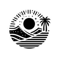 Minimalist Black and White Circular Sun Setting Over a Mountainous Beach Scene with Palm Tree, Geometric Elements, and Stylized . vector