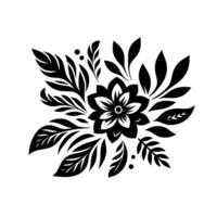 Intricate Black and White Floral with Leaves and Delicate Details, Isolated on White. vector