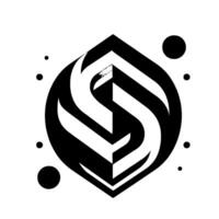 Geometric black, white, and gray abstract with a stylized S shape, surrounded by circular elements on a stark white background. vector