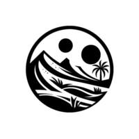 Minimalist Black and White Landscape in a Circle Featuring Mountains, Palm Tree, and Celestial Spheres. vector