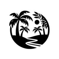 Black and white circular featuring a tropical beach scene with palm trees, a winding path, and a sun. vector