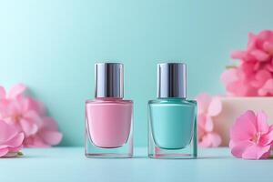 Two bottles of nail polish with flowers on a blue background photo