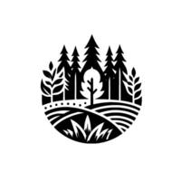 Black and White Stylized Forest Scene A circular composition of tall pine trees, rolling hills, foliage, and a unique tree silhouette, evoking natures serenity. vector