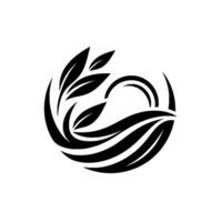 Abstract black and white circular featuring stylized leaves, flowing lines, and curved arches conveying natures elegance. vector