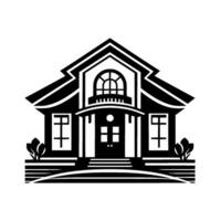 Minimalist Black and White House Illustration with Arched Window, Trees, and Landscaping . vector