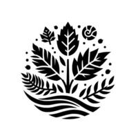 Monochromatic Floral Emblem Circular Arrangement of Stylized Leaves, Ferns, Dots, and Water Lines, Botanical Crest on White. vector