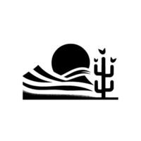 Minimalist Black and White Desert Landscape with Cactus and Sun, Representing the Harsh Beauty of Nature. vector