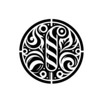 Intricate black and white circular featuring barber pole at center, surrounded by stylized leaf and swirl designs, symmetrical and artistic. vector