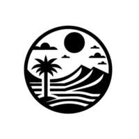 Minimalist Black White Circular Emblem featuring Palm Tree, Mountains, Ocean, Sun and Clouds Coastal Paradise vector