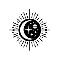 Symbolic Celestial Black White Composition Crescent Moon in Starry Space, encircled by Sunburst. vector