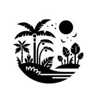 Stylized Black and White Tropical Island Scene in a Circle Palm Trees, Lush Vegetation, Moon, and Stars. vector