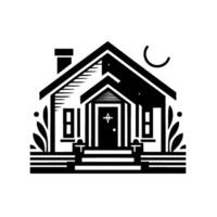 Stylized black and white house illustration with a chimney, porch, and crescent moon in a minimalist . vector
