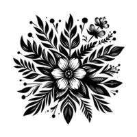 Black and white floral illustration of a centered flower surrounded by intricate leaves, branches, and berry accents against a clean white background. vector