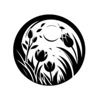 Black and White Floral Silhouette Within a Circle Tulips, Grass, and SunLike Shape, Simple and Elegant , Art. vector