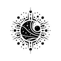 Celestial Black White Composition A Starry Sphere with Ethereal Designs, Surrounded by Orbits and Radiant Lines, Set on a White Backdrop. vector