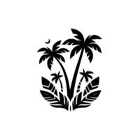 Silhouette illustration of stylized palm trees, moon, and tropical foliage arranged in a symmetrical, blackandwhite composition. vector