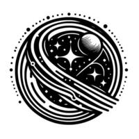 Stellar Abstract Black and white circular illustration of a cosmic scene with planets, stars, and stylized orbital lines, enclosed by dot frame. vector