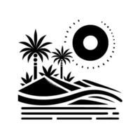 Minimalist black and white desert landscape with palm trees, rolling dunes, and a stylized sun in a simple, composition. vector