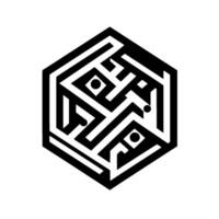 Intricate geometric black and white mazelike contained within a hexagonal outline, featuring dots, a modern minimalist style. vector