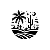 Stylized Black and White Desert Landscape Palm Tree, Cacti, Night Sky with Crescent Moon, Stars, and Rolling Hills, Set in a Circle. vector