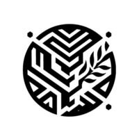 Monochrome Circular Geometric Maze with Stylized Olive Branch and Hexagonal Accents on White Background. vector