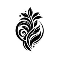 Bold black and white floral featuring stylized leaves, a circular swirl, and dots, reminiscent of elegant botanical illustration. vector