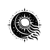 Celestial Emblem Intertwined Sun and Moon within a Starry Circle, with flowing energy, in a clean black and white . vector
