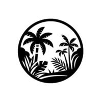 Circular Black and White Tropical Scene Silhouetted Palms, Plants, and Foliage Create a Serene Island Landscape within a Ring. vector