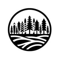 Black and white circular illustration depicting a stylized forest scene, featuring various tree silhouettes atop rolling hills, encased within a bold circular frame. vector