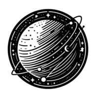 Stylized Black and White Celestial Illustration Depicting Planet with Rings, Stars, and Crescent Moon within Circular Frame vector