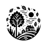 Stylized Black and White Nature Scene A Circle of Trees, House, Leaves, and Sun, Illustrating Autumn Serenity vector