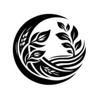 Stylized Black and White Depicting Flourishing Plants Within a Circular Border, Symbolic of Growth and Natures Balance. vector