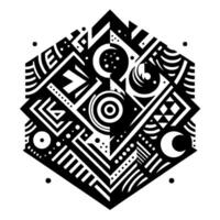 Geometric Hexagon in Bold Black and White, Featuring Abstract Shapes, Circles, Lines, and Dot Patterns, with a Minimalist Aesthetic. vector