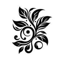 Elegant symmetrical black floral with leaves, swirls, and dot accents on a white backdrop, creating a classic, timeless aesthetic. vector