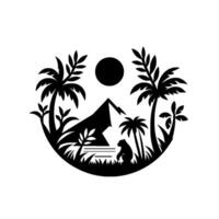 Silhouette of a Tropical Scene A Bear Observes Mountain and Sun in a Circle of Lush Palm Trees and Foliage. vector