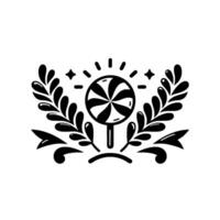 Black and white ornate lollipop with leafy laurel wreath, stars, and ribbon elements, for confectionery branding. vector