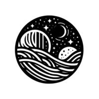Celestial Circle Waves, Moons, Stars, and Orbs in a Black and White Circular , a Cosmic, Minimalist Aesthetic. vector