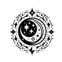 Intricate Monochrome Celestial Mandala Featuring Crescent Moon, Starry Sky, and Geometric Embellishments in Circular Arrangement. vector