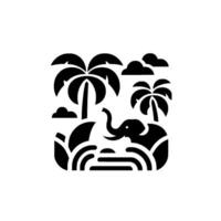 Monochrome Square Composition Stylized Elephant in a Tropical Landscape with Palm Trees, Water, and Clouds vector