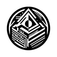 Geometric Black and White Abstract Composition, Circular with Triangle and Cube Elements, Symbolic and Modern vector