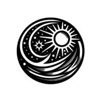 Celestial Yin Yang A circular black and white stylized representation of sun, stars, moon and celestial waves. vector