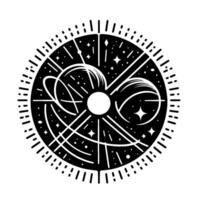 Black and white celestial illustration featuring celestial spheres, constellations, stars, and arcs within a circular, minimalist . vector