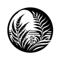 Abstract Black and White Silhouette of Natures Elements Grasses, Plants, and Foliage Encased Within a Circular Frame. vector